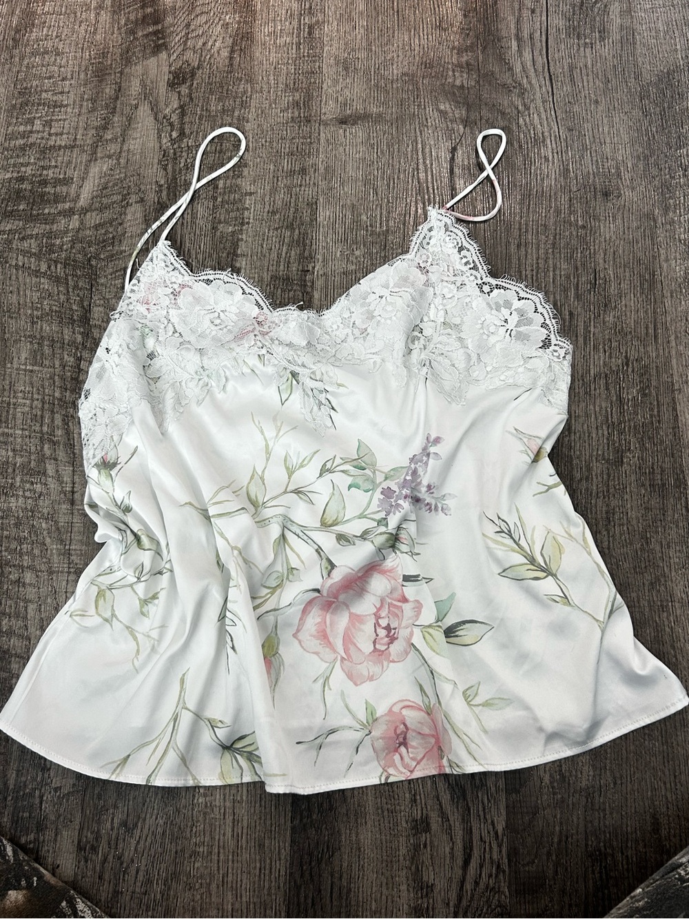 Floral Lace-Trim Satin Cami Top - White with Pink Floral